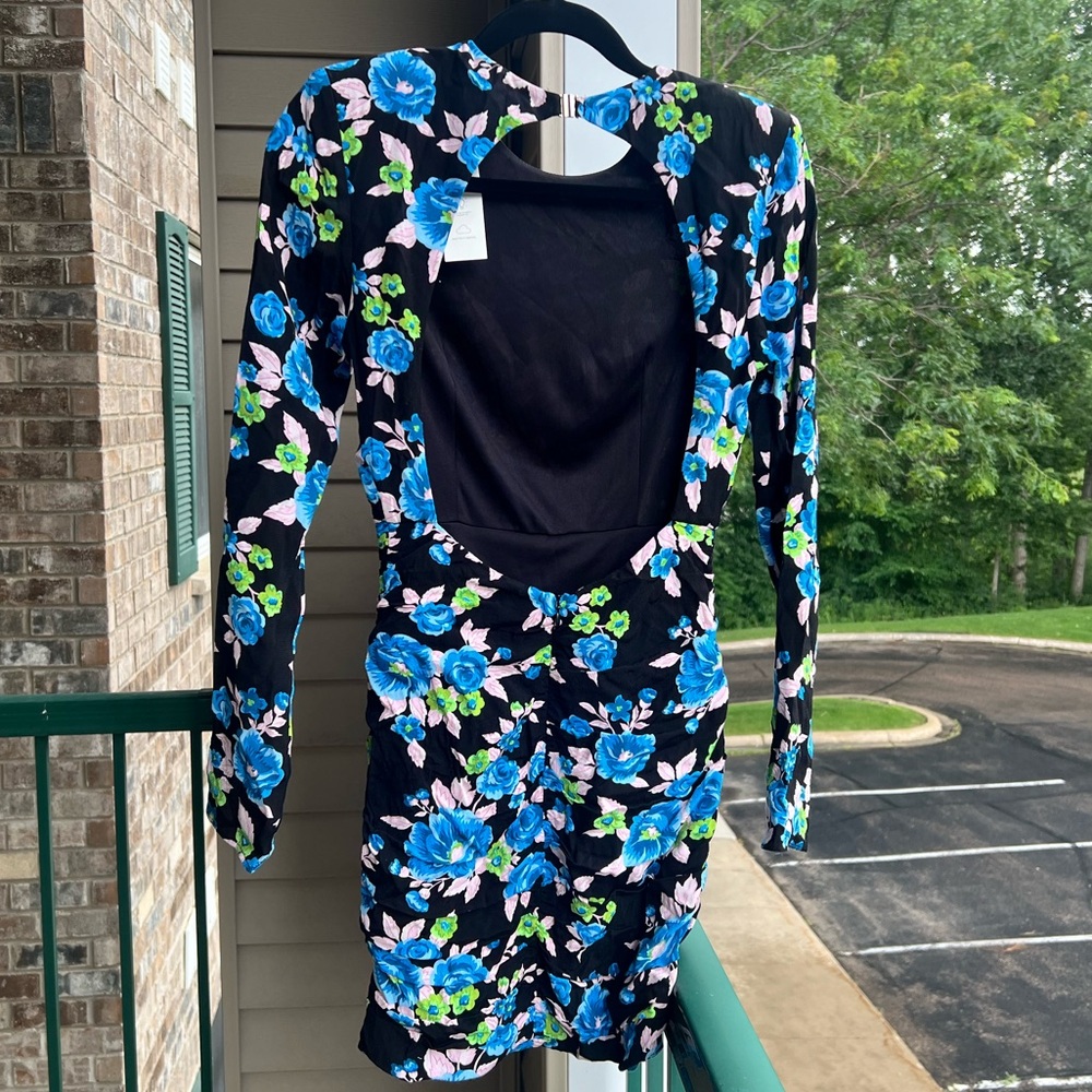 🆕 Zara Blue Floral Open Back Mini Dress XS | Long Sleeve Ruched - Picture 6 of 17
